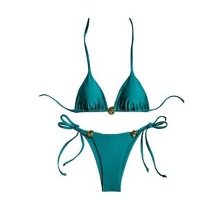Teal String Bikini Set Gold Accent Triangle Top Tie Bottom S